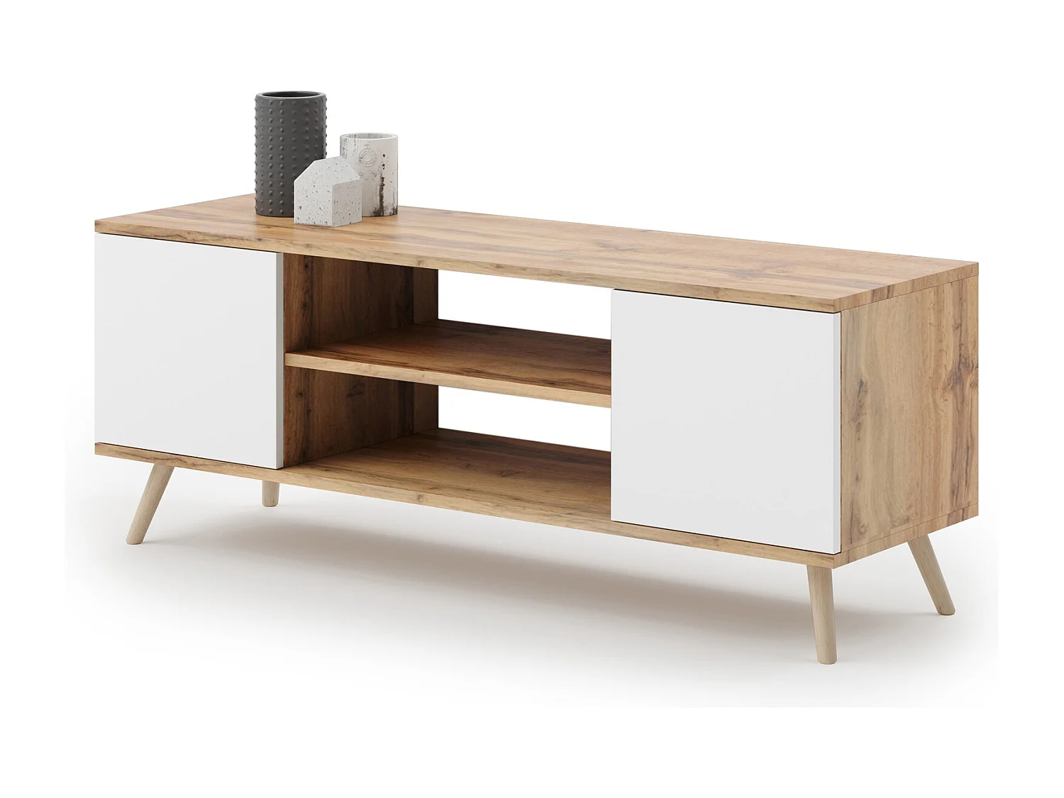 Mueble de TV 155 cm Color Roble craft Dorado/Blanco– Estilo Escandinavo con Estante Central, Armarios con Cerradura y Patas Madera, 155x40x50 Cm