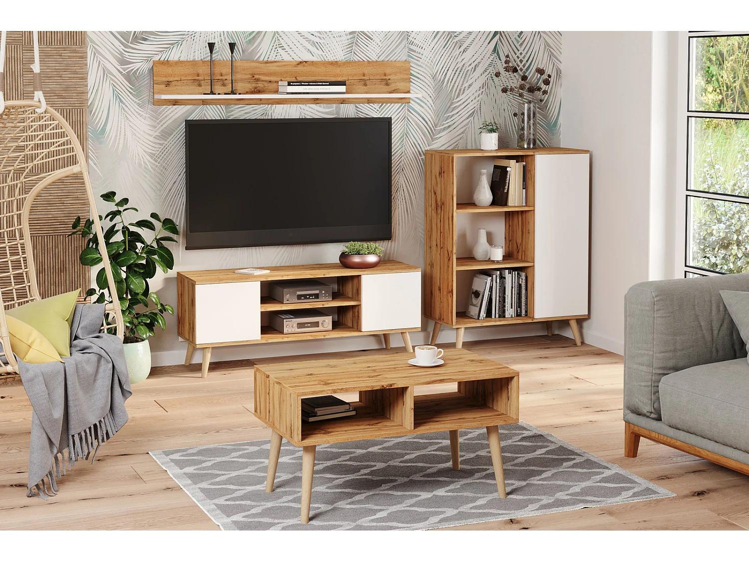 Mueble de TV 155 cm Color Roble craft Dorado/Blanco– Estilo Escandinavo con Estante Central, Armarios con Cerradura y Patas Madera, 155x40x50 Cm