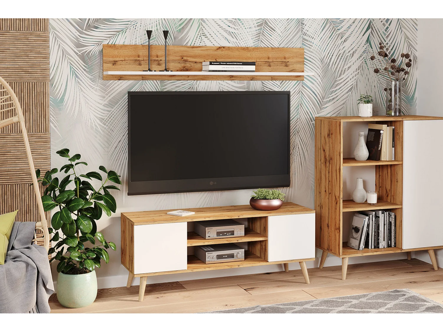Mueble de TV 155 cm Color Roble craft Dorado/Blanco– Estilo Escandinavo con Estante Central, Armarios con Cerradura y Patas Madera, 155x40x50 Cm