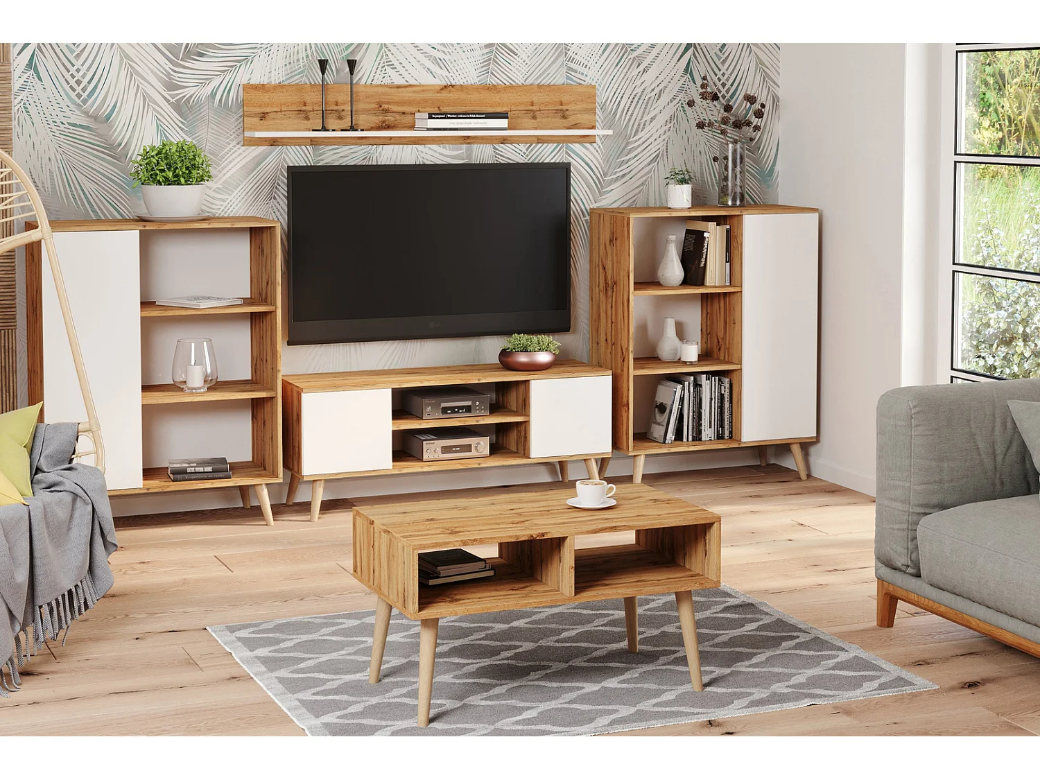 Mueble de TV 155 cm Color Roble craft Dorado/Blanco– Estilo Escandinavo con Estante Central, Armarios con Cerradura y Patas Madera, 155x40x50 Cm