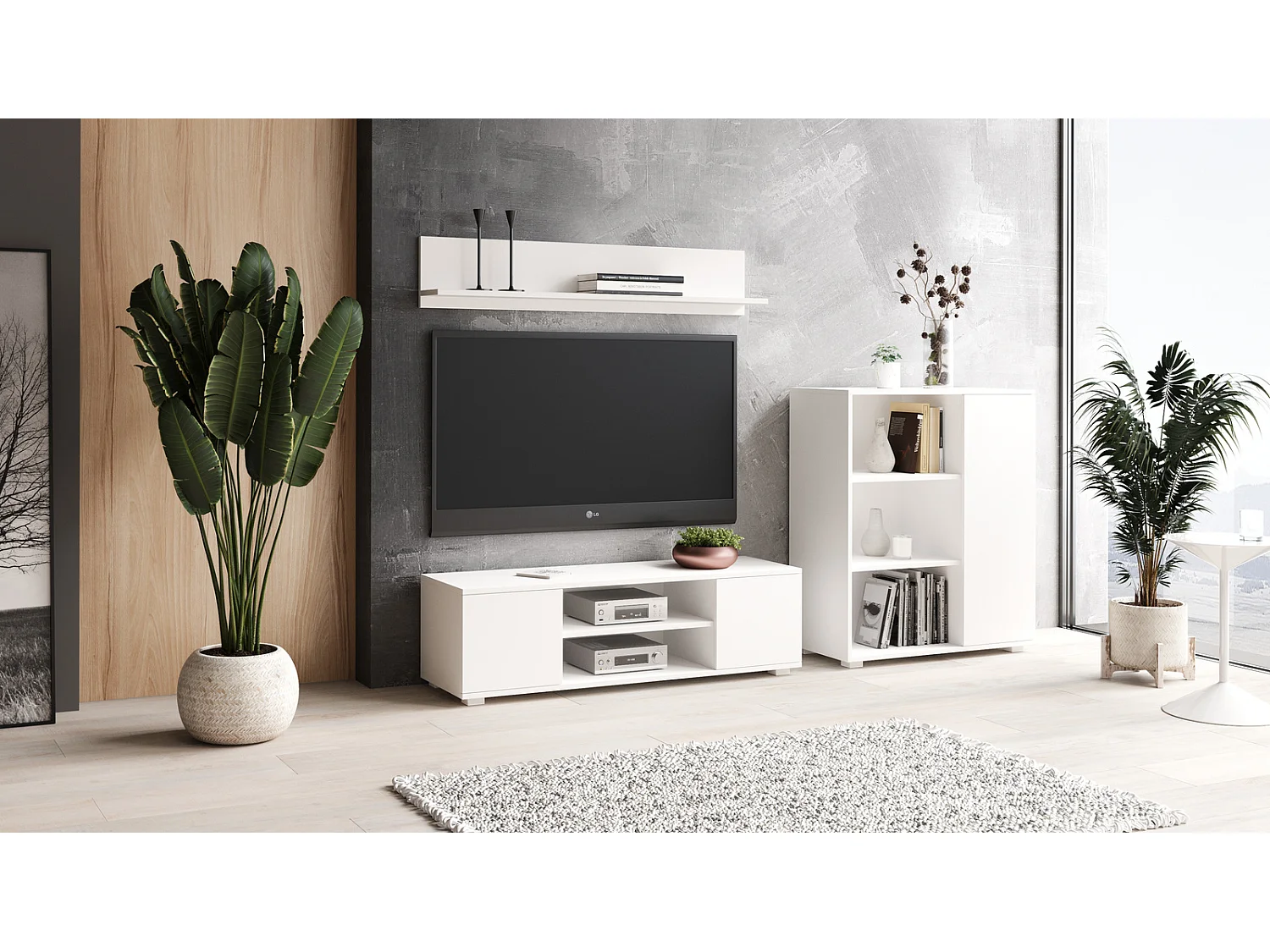 Mueble de TV 155 cm Blanco– Estilo Escandinavo con Estante Central y 2 Puertas, Armarios con Cerradura, 155x40x50 Cm