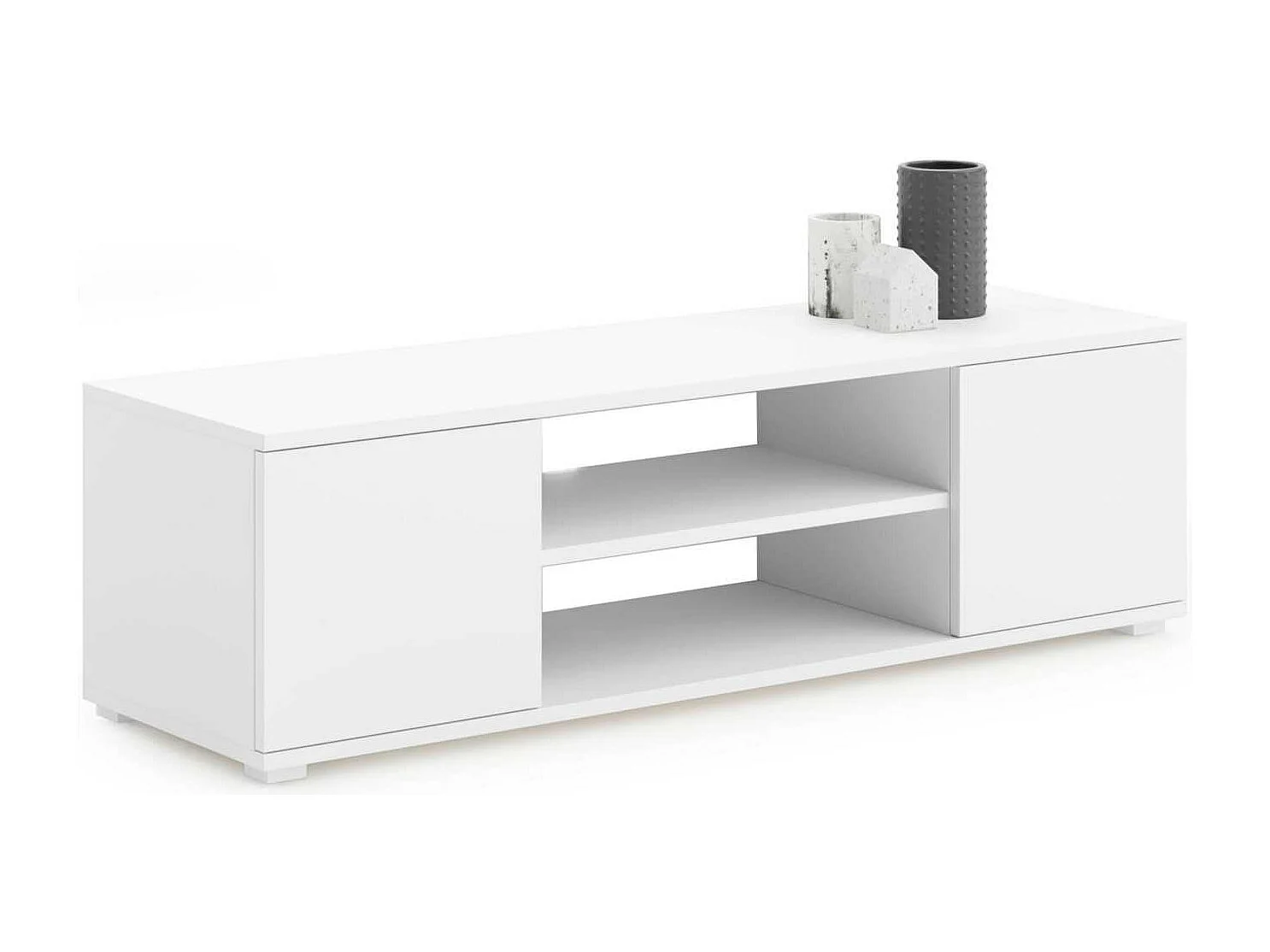 Mueble de TV 155 cm Blanco– Estilo Escandinavo con Estante Central y 2 Puertas, Armarios con Cerradura, 155x40x50 Cm
