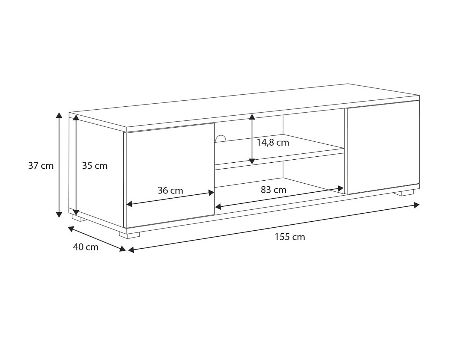 Mueble de TV 155 cm Blanco– Estilo Escandinavo con Estante Central y 2 Puertas, Armarios con Cerradura, 155x40x50 Cm