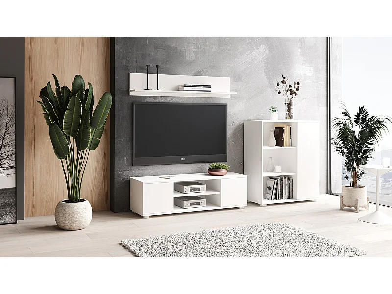 Mueble de TV 155 cm Blanco– Estilo Escandinavo con Estante Central y 2 Puertas, Armarios con Cerradura, 155x40x50 Cm