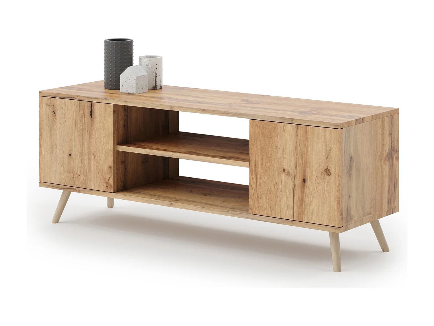 Mueble de TV 135 cm Roble dorado – Estilo Escandinavo con Estante Central, Armarios con Cerradura y Patas de Madera, 135x50x40 cm