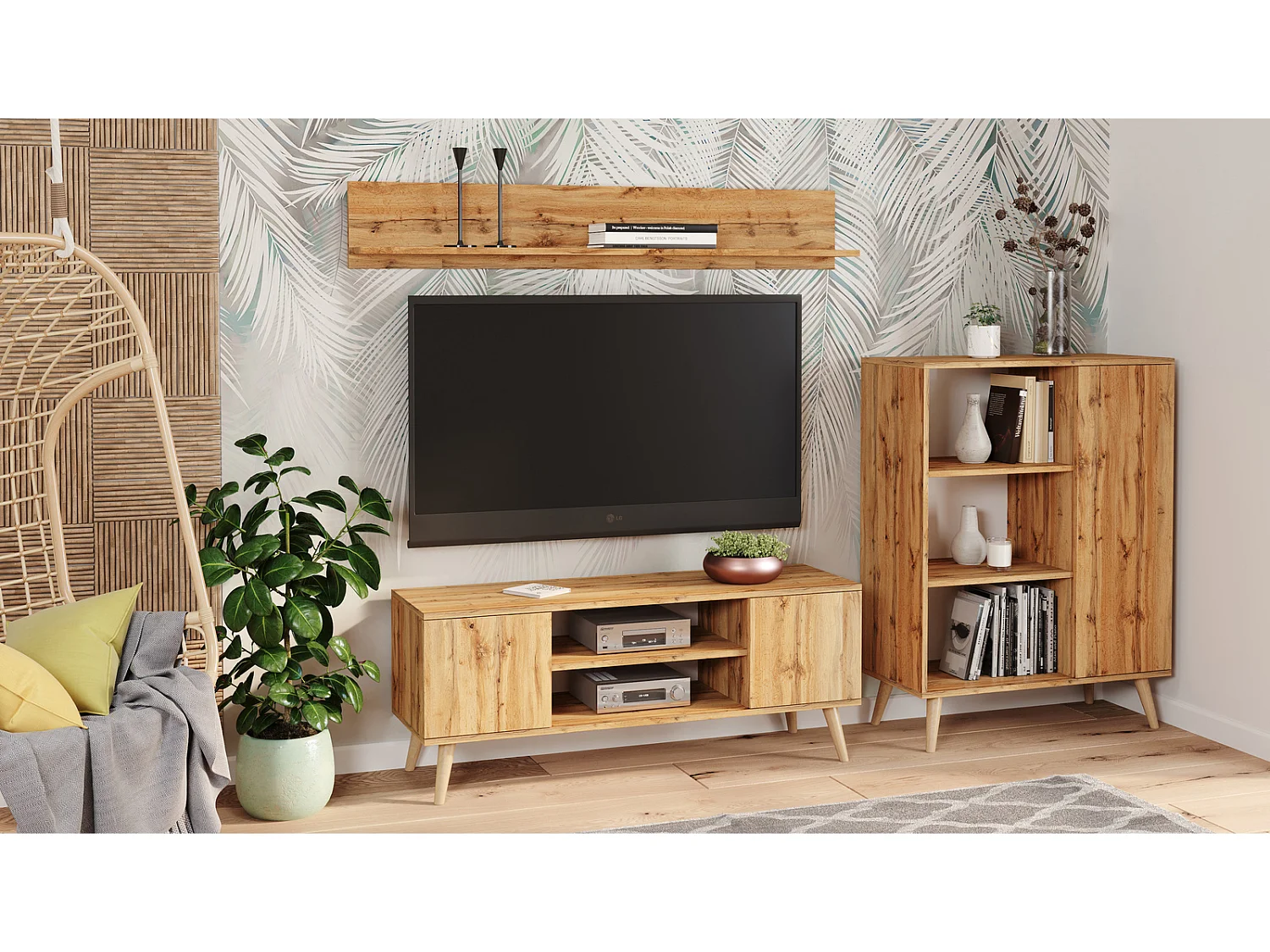 Mueble de TV 135 cm Roble dorado – Estilo Escandinavo con Estante Central, Armarios con Cerradura y Patas de Madera, 135x50x40 cm