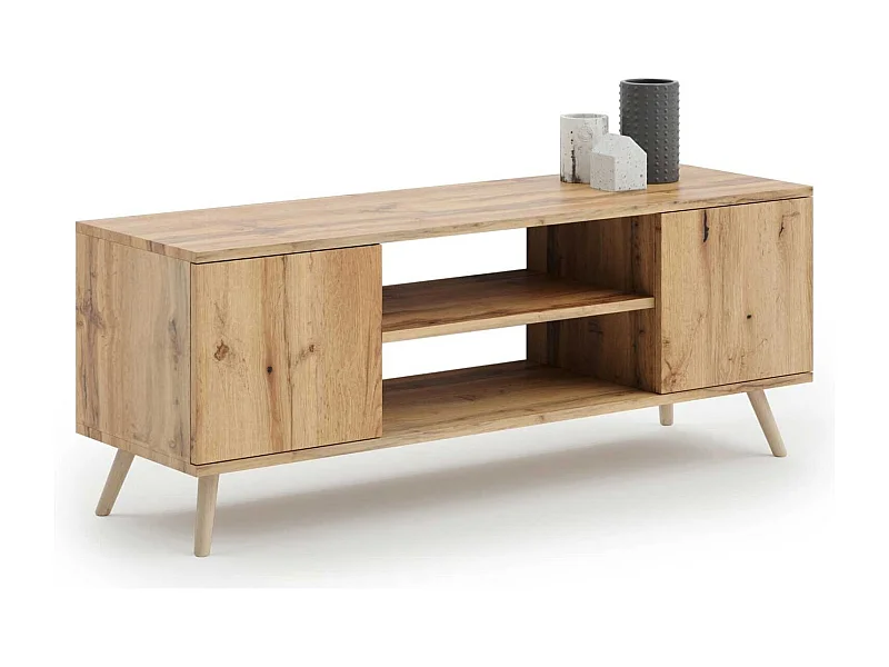 Mueble de TV 135 cm Roble dorado – Estilo Escandinavo con Estante Central, Armarios con Cerradura y Patas de Madera, 135x50x40 cm