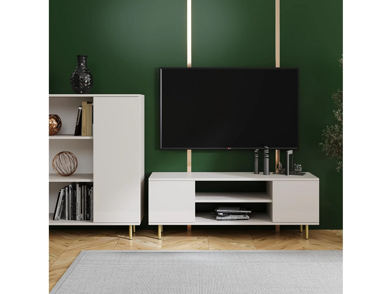 Mueble de TV 135 cm Color Cachemir– Estilo Escandinavo con Estante Central, Armarios con Cerradura y Patas Doradas, 135x40x48 Cm