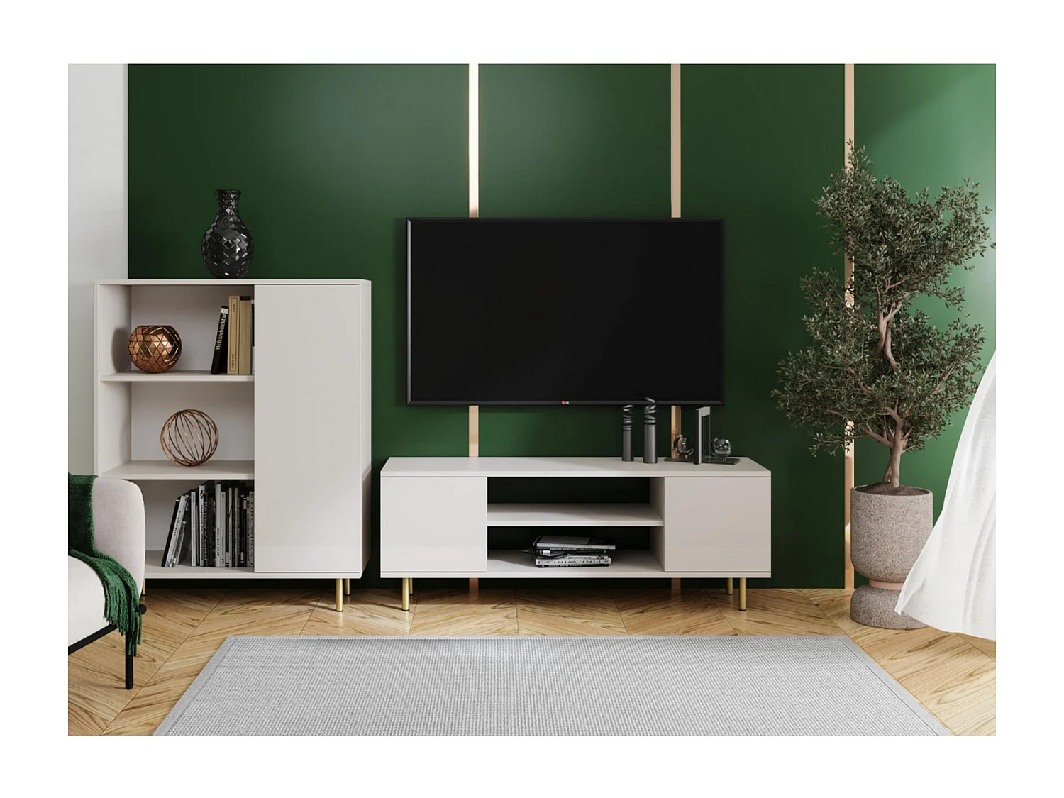 Mueble de TV 135 cm Color Cachemir– Estilo Escandinavo con Estante Central, Armarios con Cerradura y Patas Doradas, 135x40x48 Cm