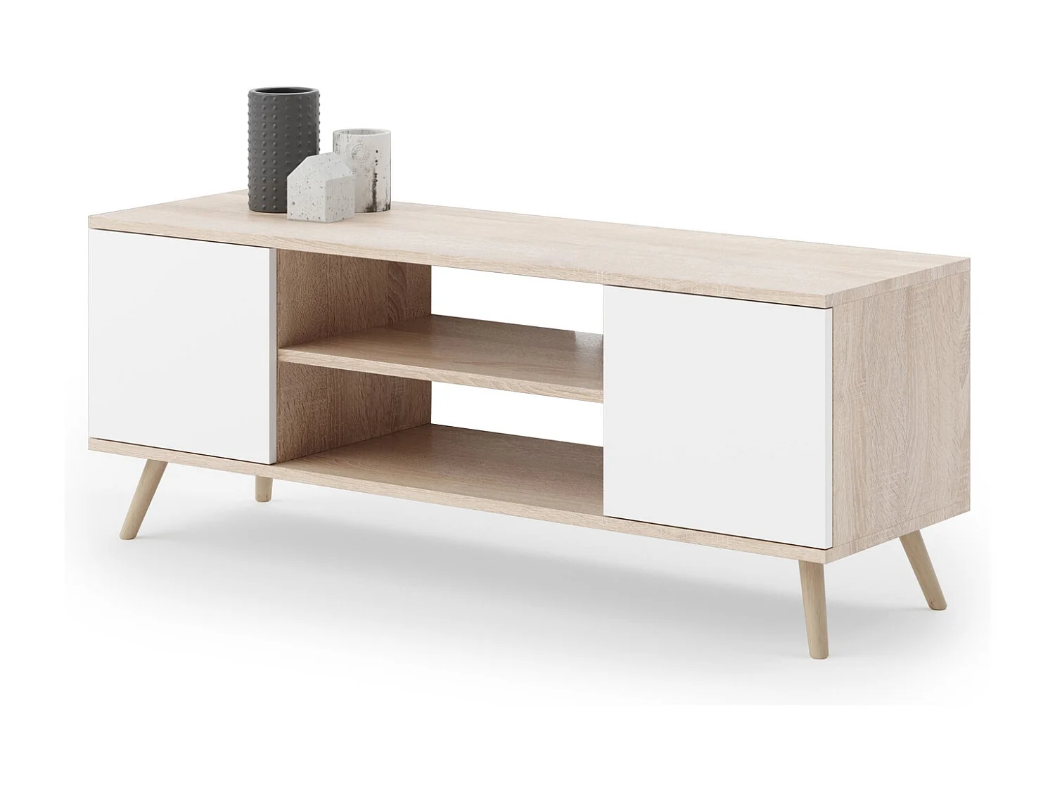Mueble de TV 155 cm Color Roble Sonoma/Blanco– Estilo Escandinavo con Estante Central, Armarios con Cerradura y Patas Madera, 155x40x50 Cm