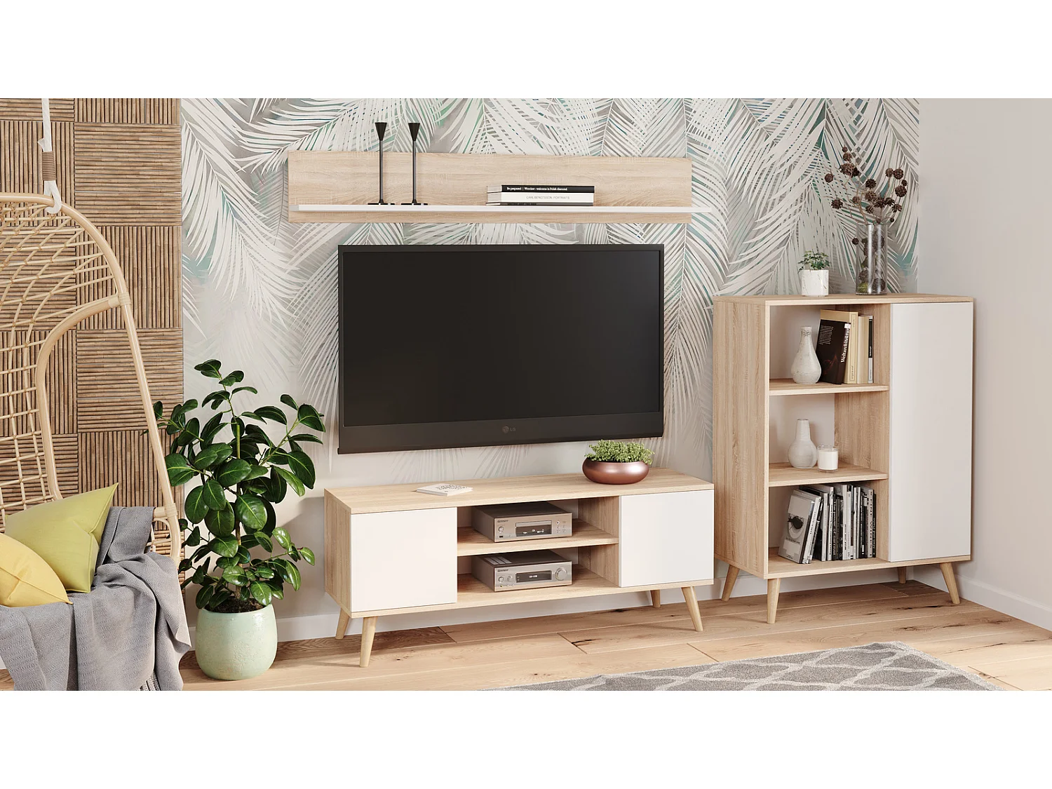 Mueble de TV 155 cm Color Roble Sonoma/Blanco– Estilo Escandinavo con Estante Central, Armarios con Cerradura y Patas Madera, 155x40x50 Cm