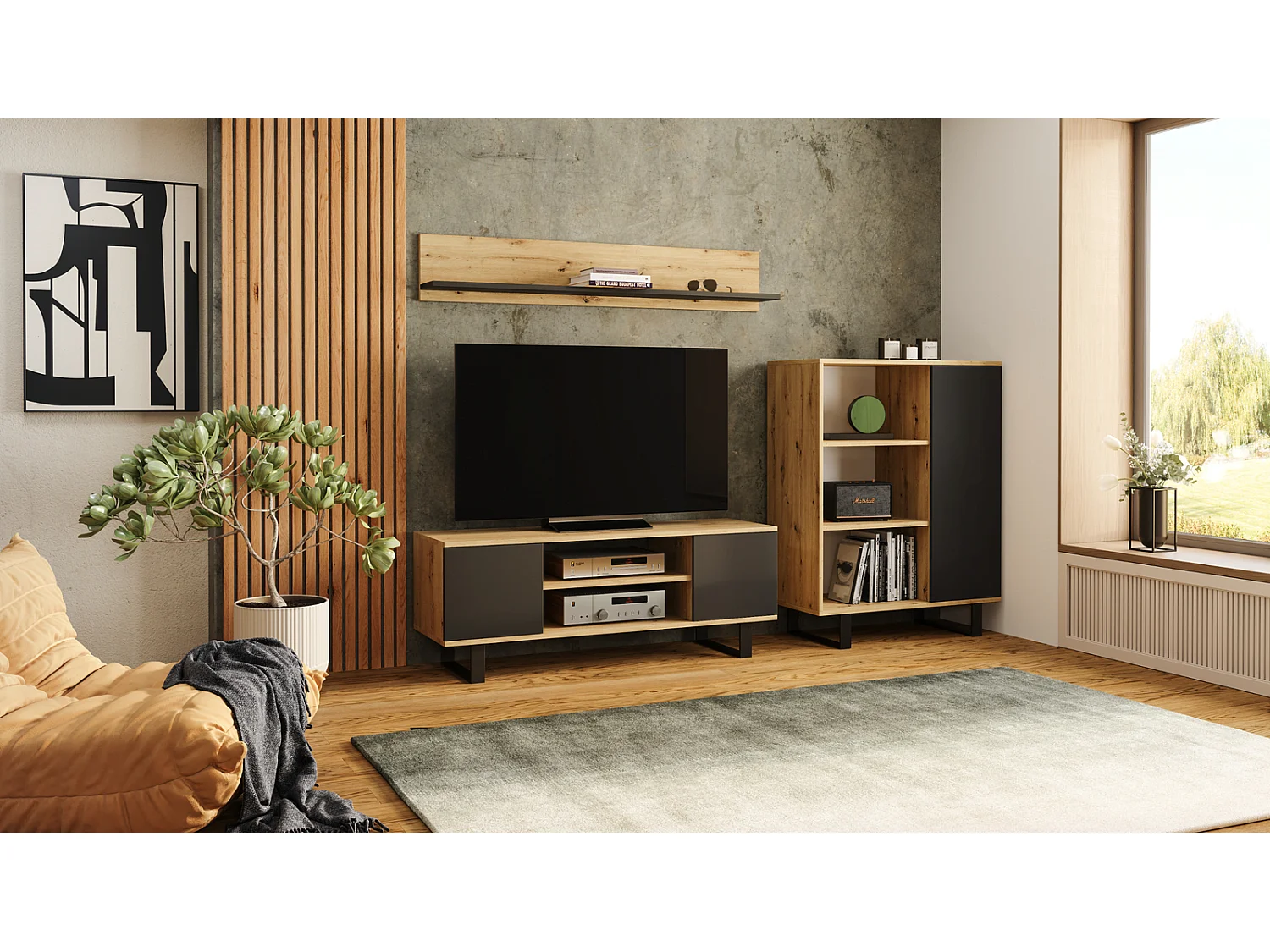 Mueble de TV 155 cm Color Roble artesanal / Negro – Estilo Escandinavo con Estante Central, Armarios con Cerradura y Patas Metálicas, 155x40x50 Cm