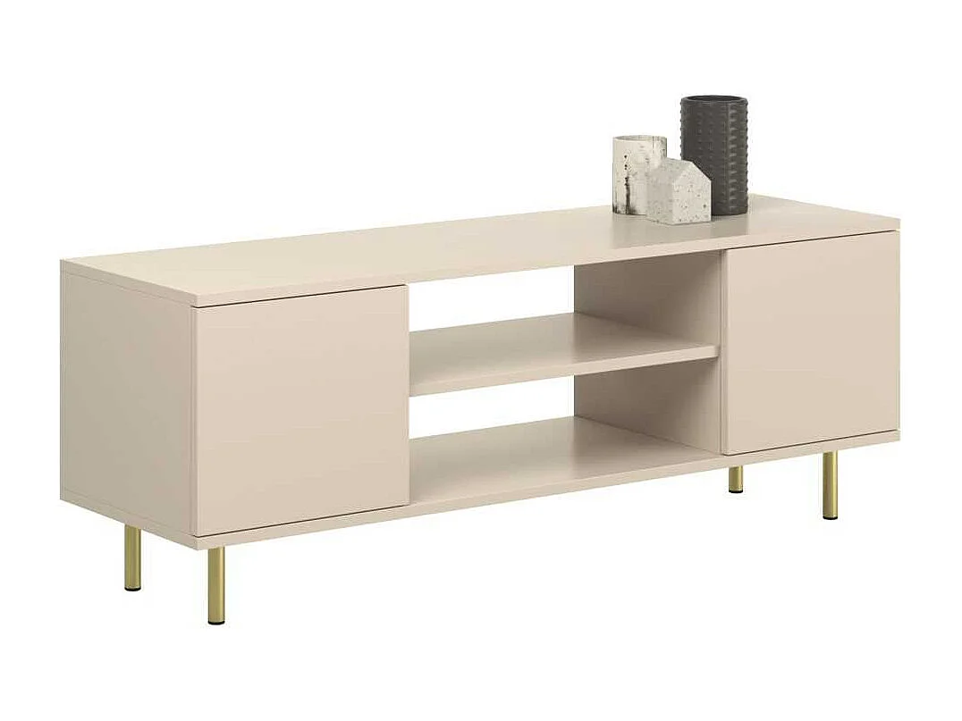 Mueble de TV 155 cm Color Cachemir– Estilo Escandinavo con Estante Central, Armarios con Cerradura y Patas Doradas, 155x40x48 Cm