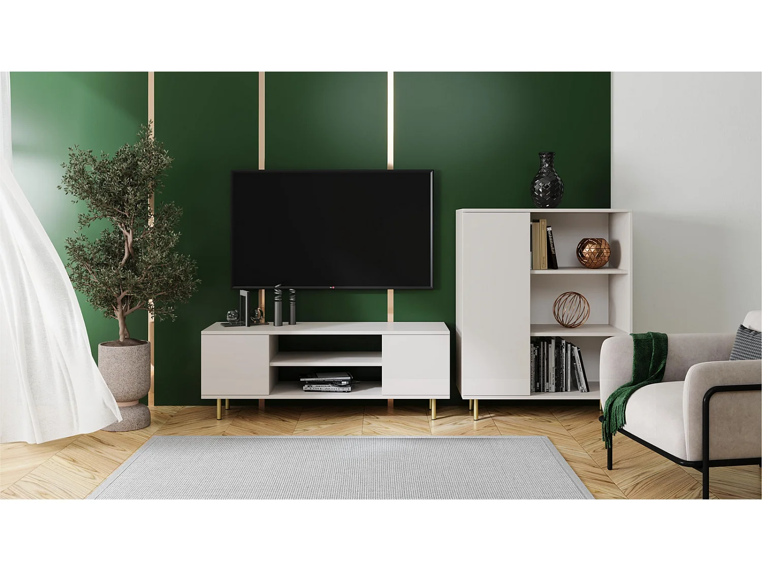 Mueble de TV 155 cm Color Cachemir– Estilo Escandinavo con Estante Central, Armarios con Cerradura y Patas Doradas, 155x40x48 Cm