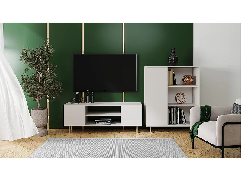 Mueble de TV 155 cm Color Cachemir– Estilo Escandinavo con Estante Central, Armarios con Cerradura y Patas Doradas, 155x40x48 Cm