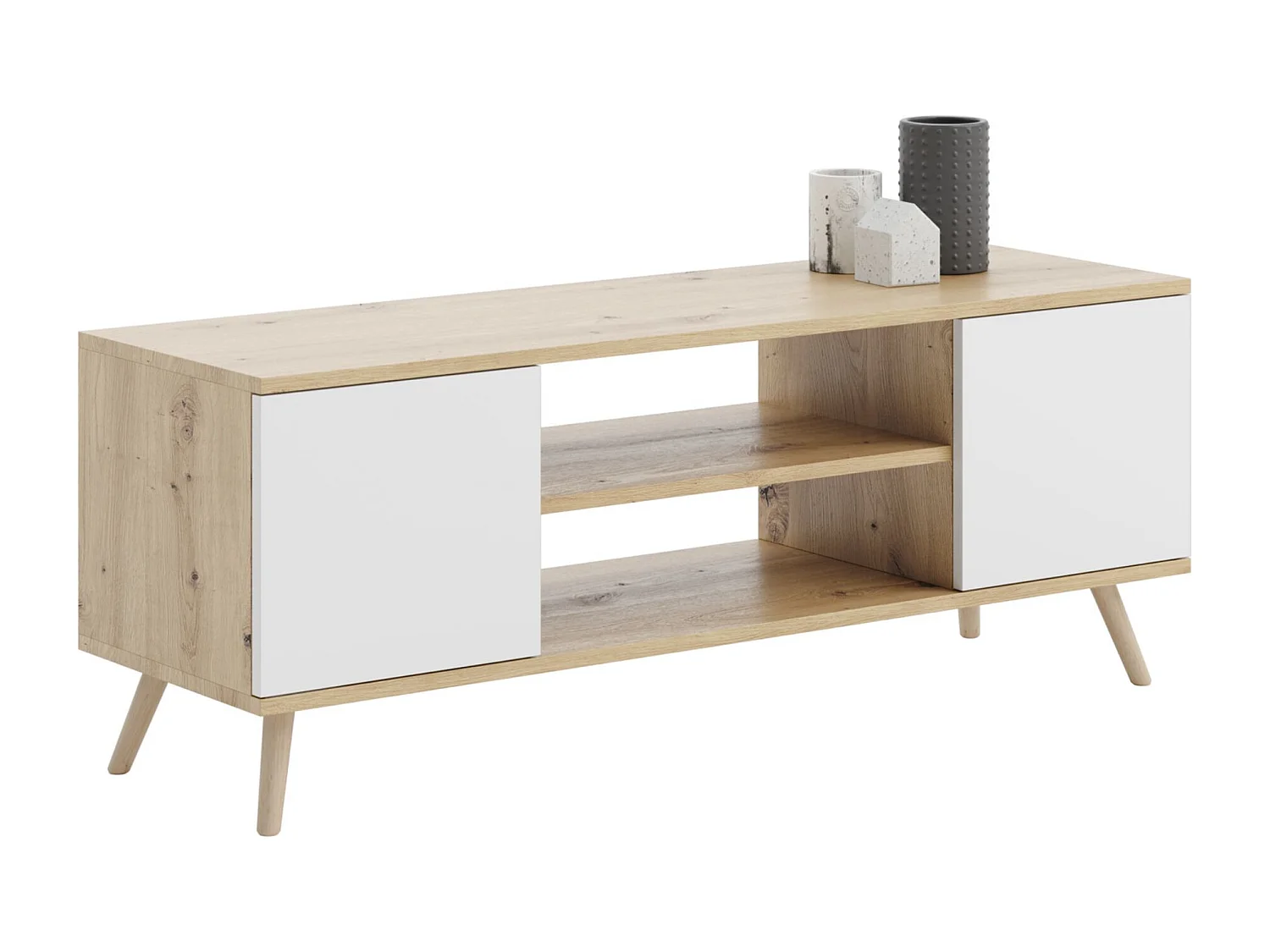 Mueble de TV 155 cm Color Roble Artisan/ Blanco– Estilo Escandinavo con Estante Central y 2 Puertas, Armarios con Cerradura y Patas Madera, 155x40x50