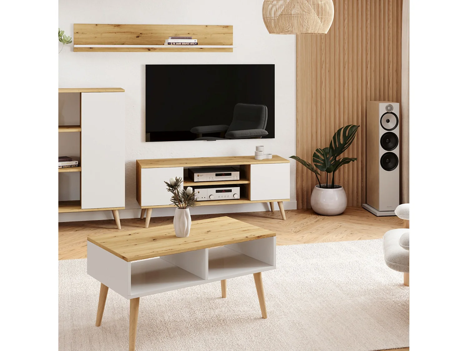 Mueble de TV 155 cm Color Roble Artisan/ Blanco– Estilo Escandinavo con Estante Central y 2 Puertas, Armarios con Cerradura y Patas Madera, 155x40x50