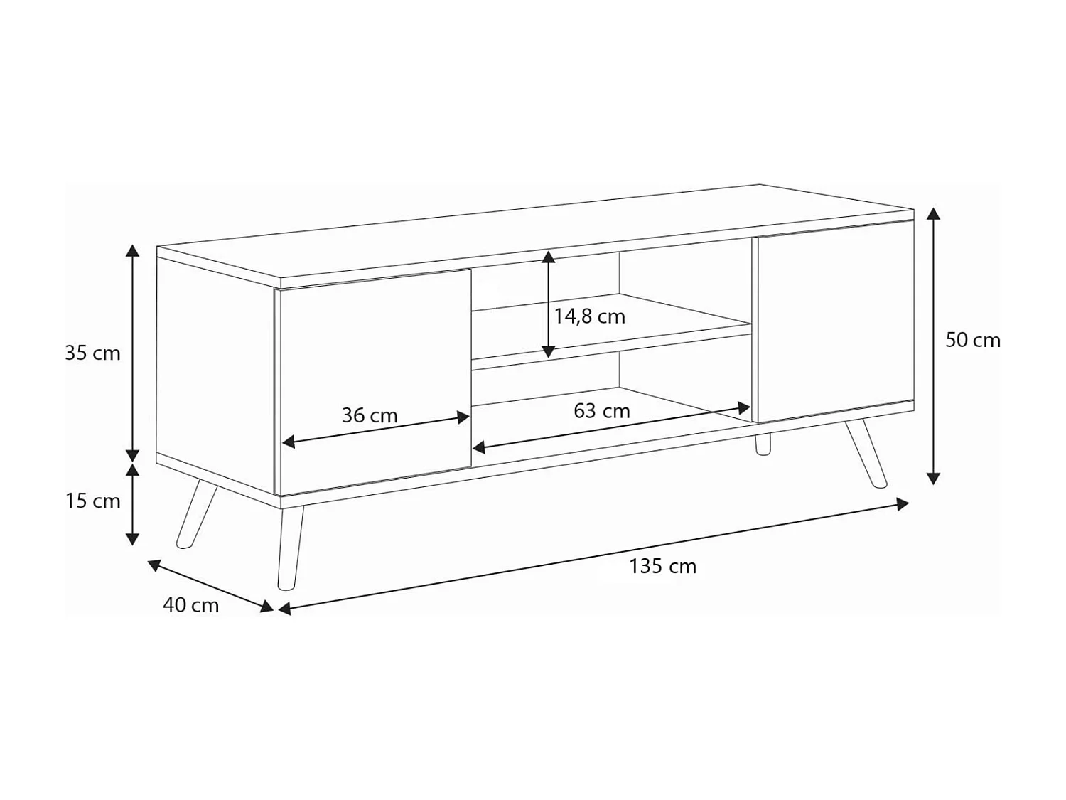 Mueble de TV 155 cm Color Roble Artisan/ Blanco– Estilo Escandinavo con Estante Central y 2 Puertas, Armarios con Cerradura y Patas Madera, 155x40x50