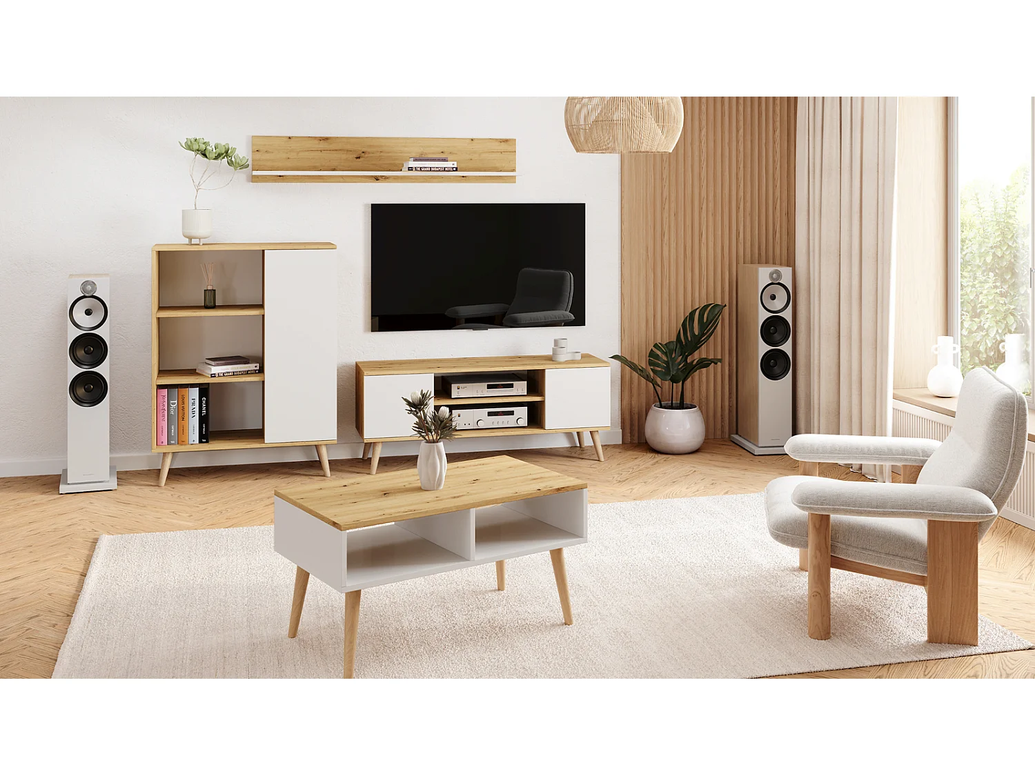 Mueble de TV 155 cm Color Roble Artisan/ Blanco– Estilo Escandinavo con Estante Central y 2 Puertas, Armarios con Cerradura y Patas Madera, 155x40x50