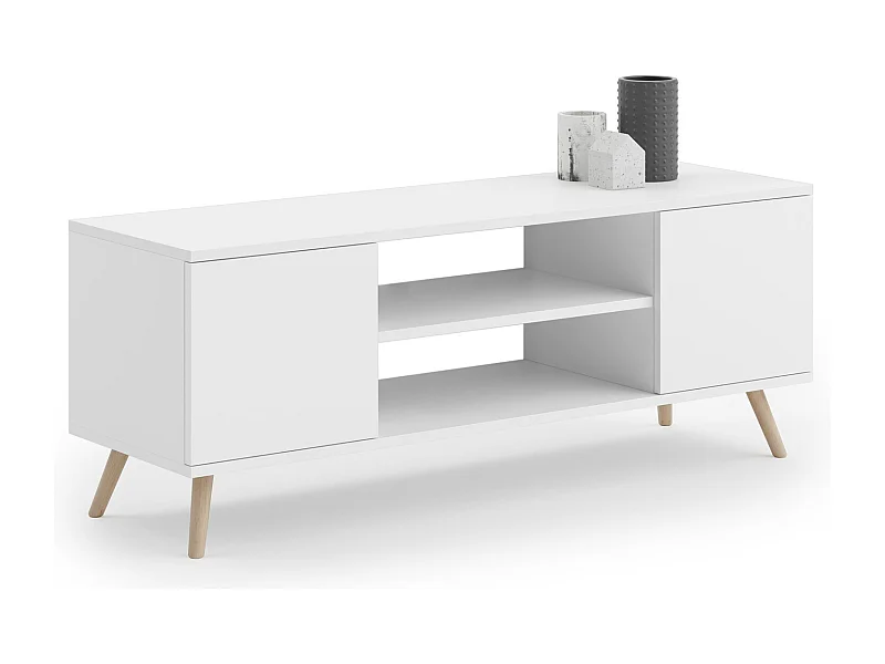 Mueble de TV 135 cm Blanco – Estilo Escandinavo con Estante Central, Armarios con Cerradura y Patas de Madera, 135x50x40 cm