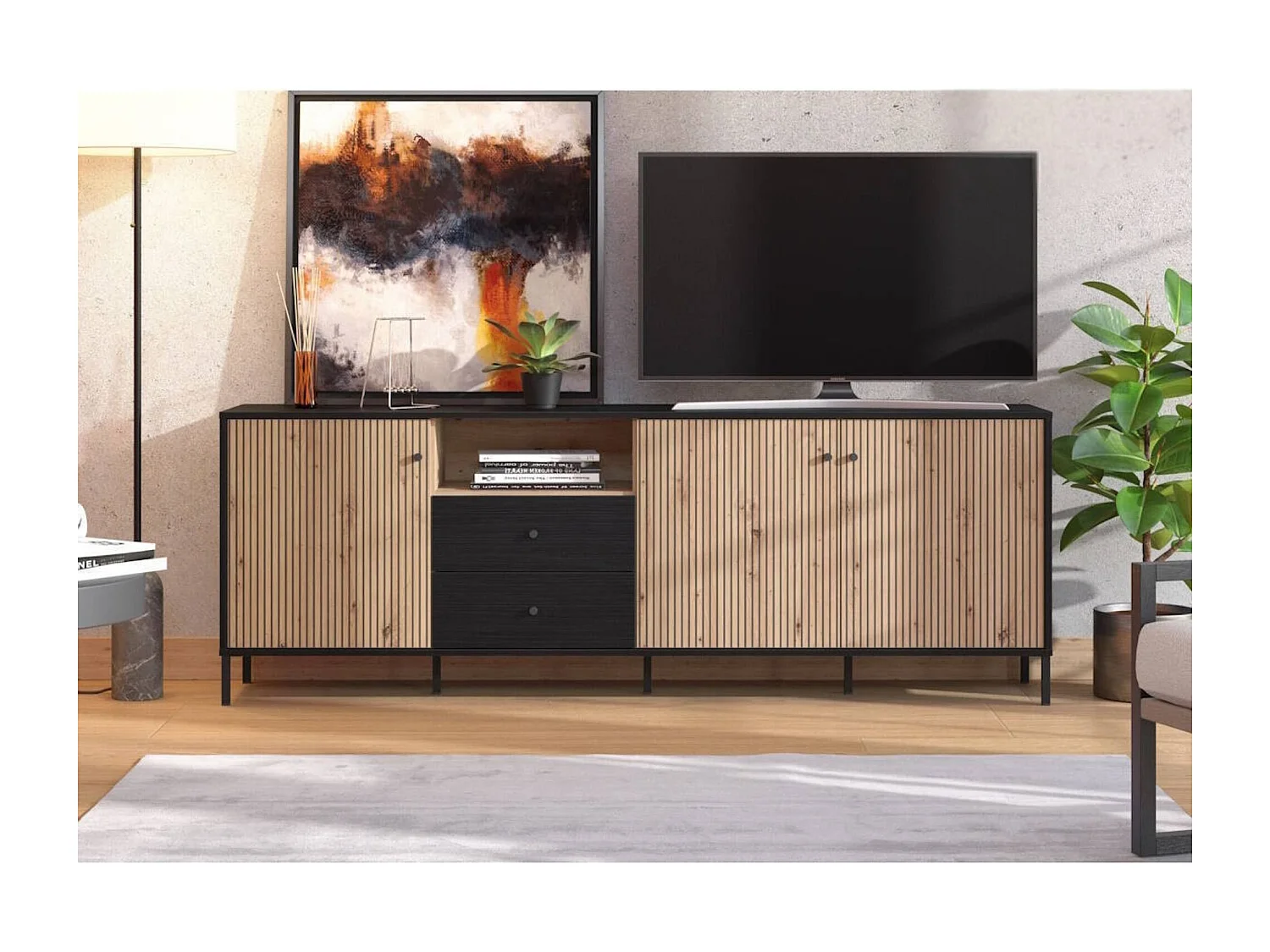 Mueble TV en Roble Artisan y Negro con 3 Puertas, 1 Hueco y 2 Cajones - Medidas 208x40x73,5 cm