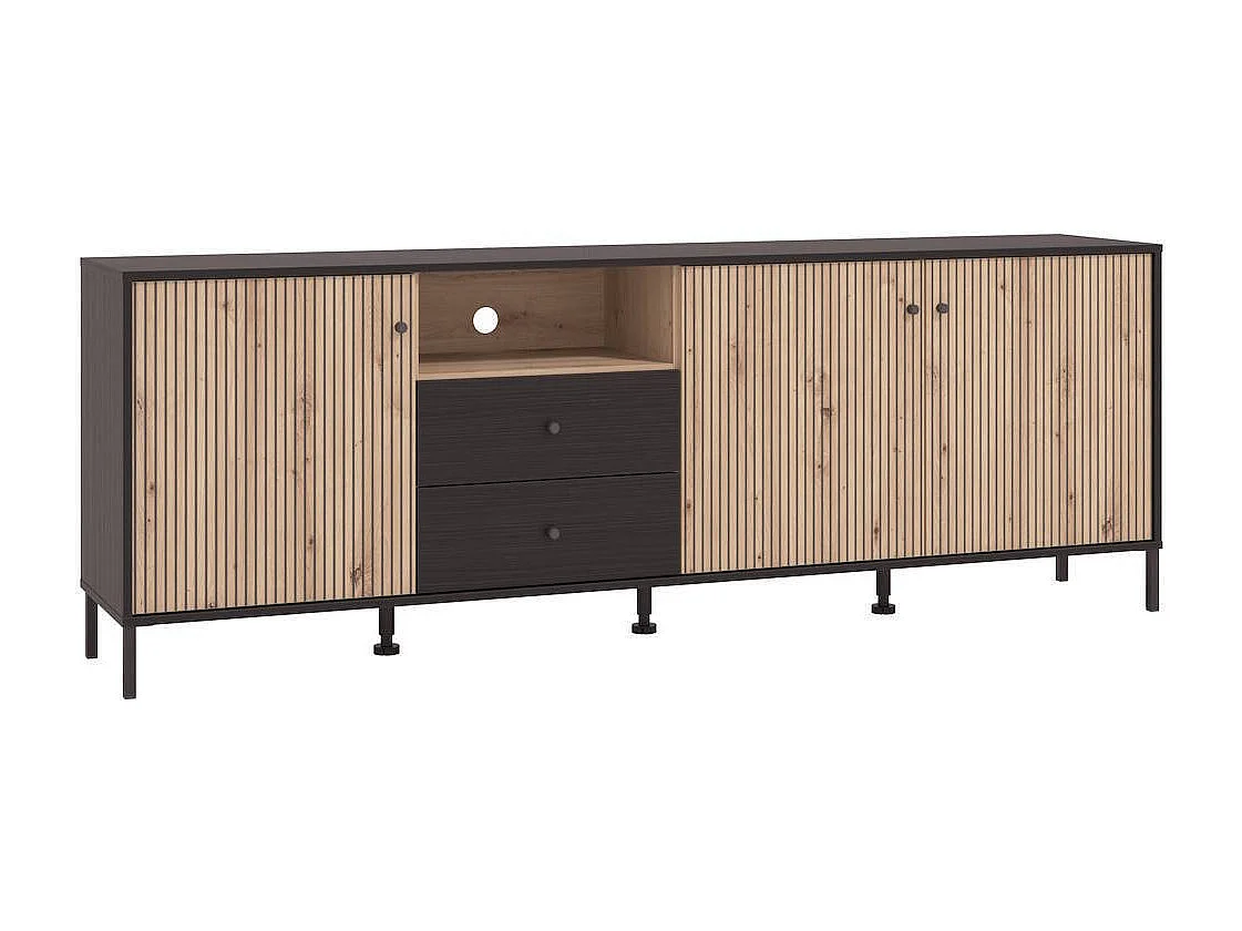 Mueble TV en Roble Artisan y Negro con 3 Puertas, 1 Hueco y 2 Cajones - Medidas 208x40x73,5 cm