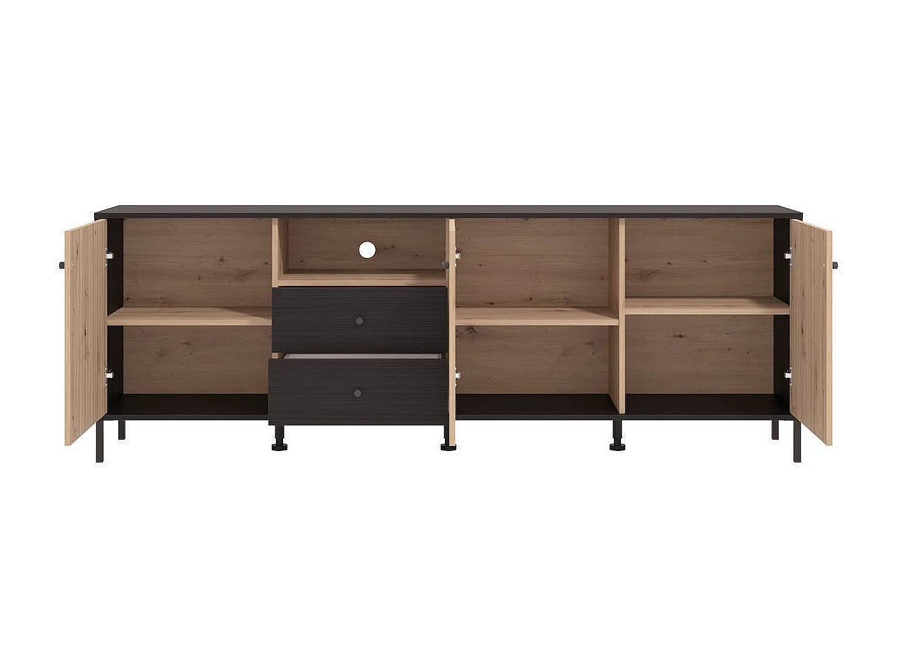 Mueble TV en Roble Artisan y Negro con 3 Puertas, 1 Hueco y 2 Cajones - Medidas 208x40x73,5 cm