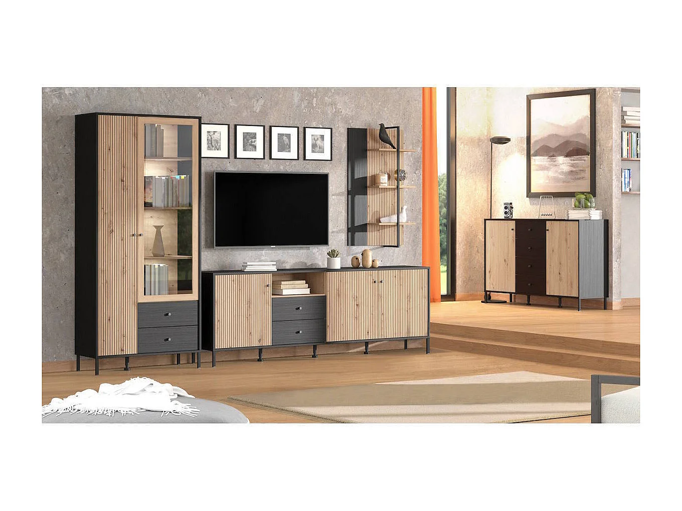 Mueble TV en Roble Artisan y Negro con 3 Puertas, 1 Hueco y 2 Cajones - Medidas 208x40x73,5 cm