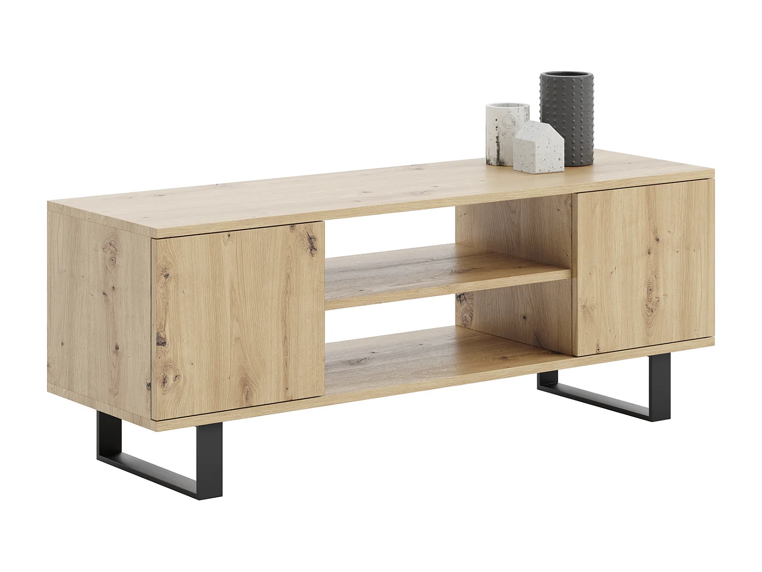 Mueble de TV 155 cm Color Roble artesano – Estilo Escandinavo con Estante Central, Armarios con Cerradura y Patas Metálicas, 155x40x50 Cm