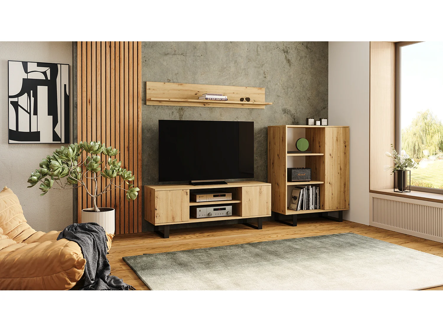 Mueble de TV 155 cm Color Roble artesano – Estilo Escandinavo con Estante Central, Armarios con Cerradura y Patas Metálicas, 155x40x50 Cm