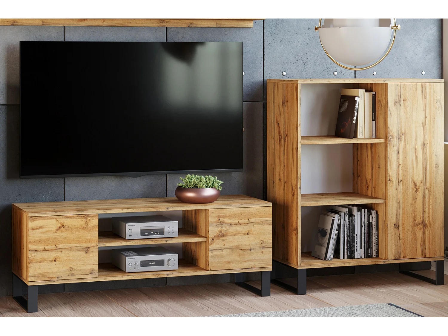 Mueble de TV 135 cm Roble loft craft – Estilo Escandinavo con Estante Central, Armarios con Cerradura y Patas de Metálicas, 135x50x40 cm