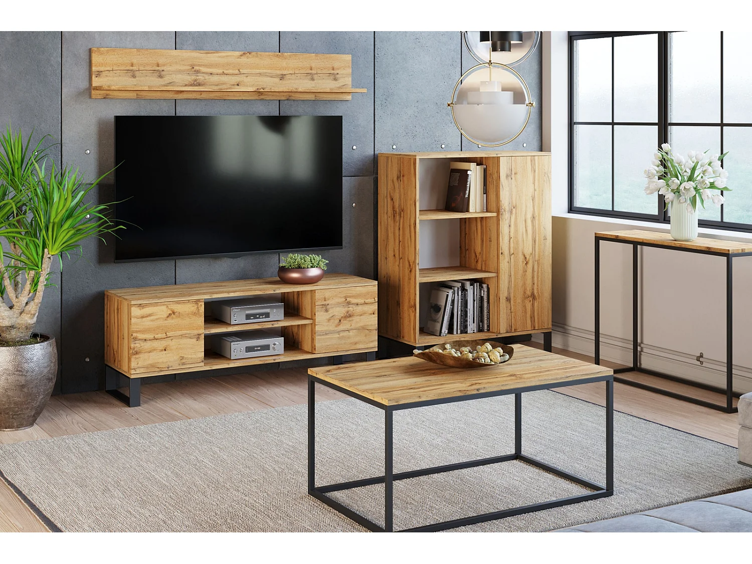 Mueble de TV 135 cm Roble loft craft – Estilo Escandinavo con Estante Central, Armarios con Cerradura y Patas de Metálicas, 135x50x40 cm