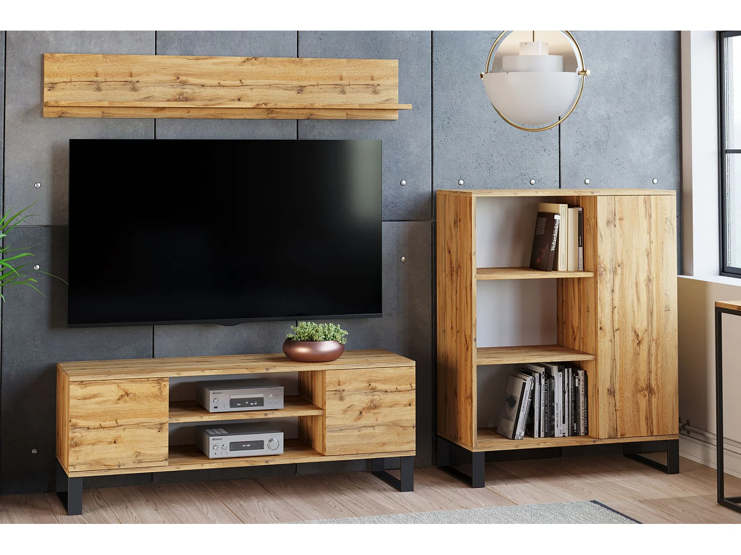 Mueble de TV 135 cm Roble loft craft – Estilo Escandinavo con Estante Central, Armarios con Cerradura y Patas de Metálicas, 135x50x40 cm