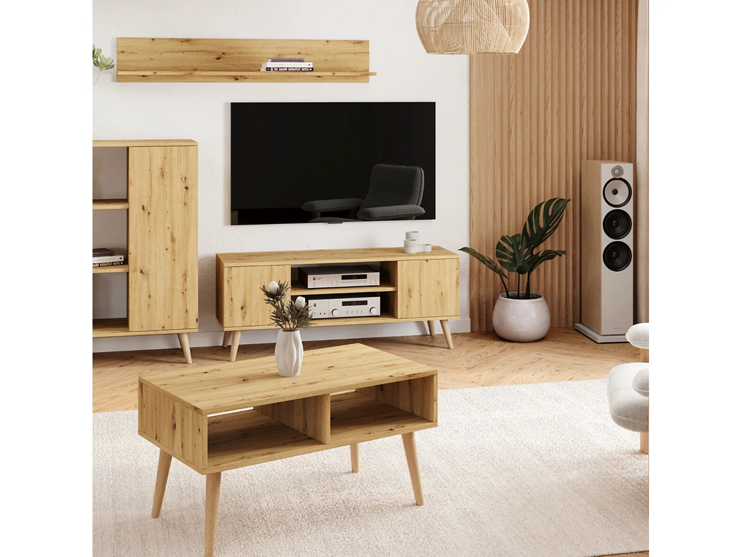 Mueble de TV 135 cm Roble Artesano – Estilo Escandinavo con Estante Central, Armarios con Cerradura y Patas de Madera, 135x50x40 cm