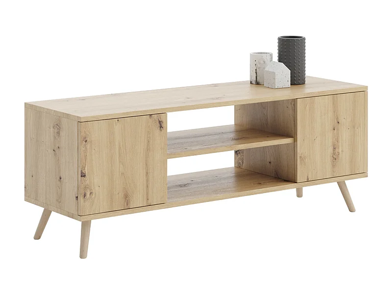 Mueble de TV 135 cm Roble Artesano – Estilo Escandinavo con Estante Central, Armarios con Cerradura y Patas de Madera, 135x50x40 cm