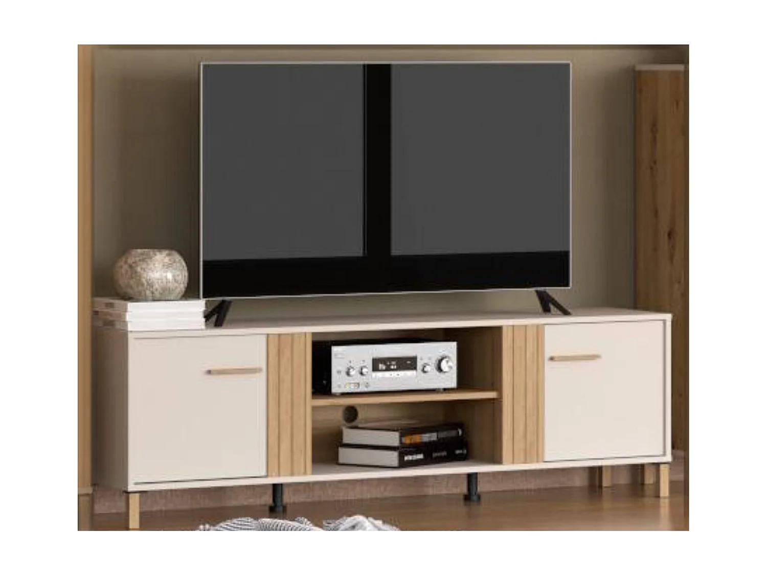 Mueble TV en Melamina Color Cashmere y Roble Artisan con 2 Puertas - Medidas 163,5x40x52 cm