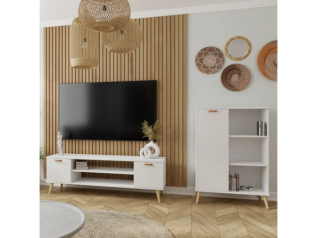 Mueble de TV 155 cm Blanco– Estilo Escandinavo con Estante Central y 2 Puertas, Armarios con Cerradura y Patas de Madera, 155x40x50 Cm