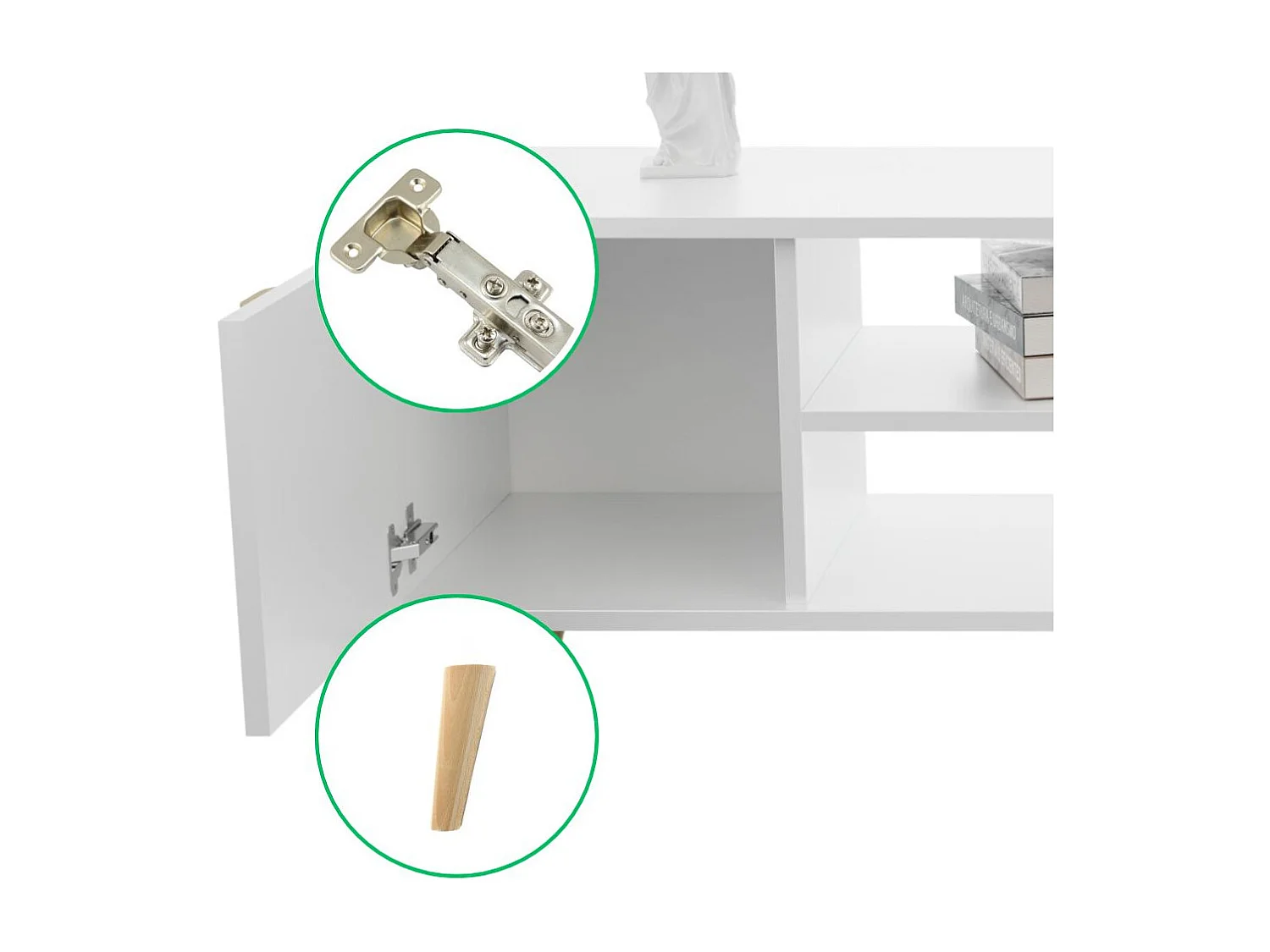 Mueble de TV 155 cm Blanco– Estilo Escandinavo con Estante Central y 2 Puertas, Armarios con Cerradura y Patas de Madera, 155x40x50 Cm