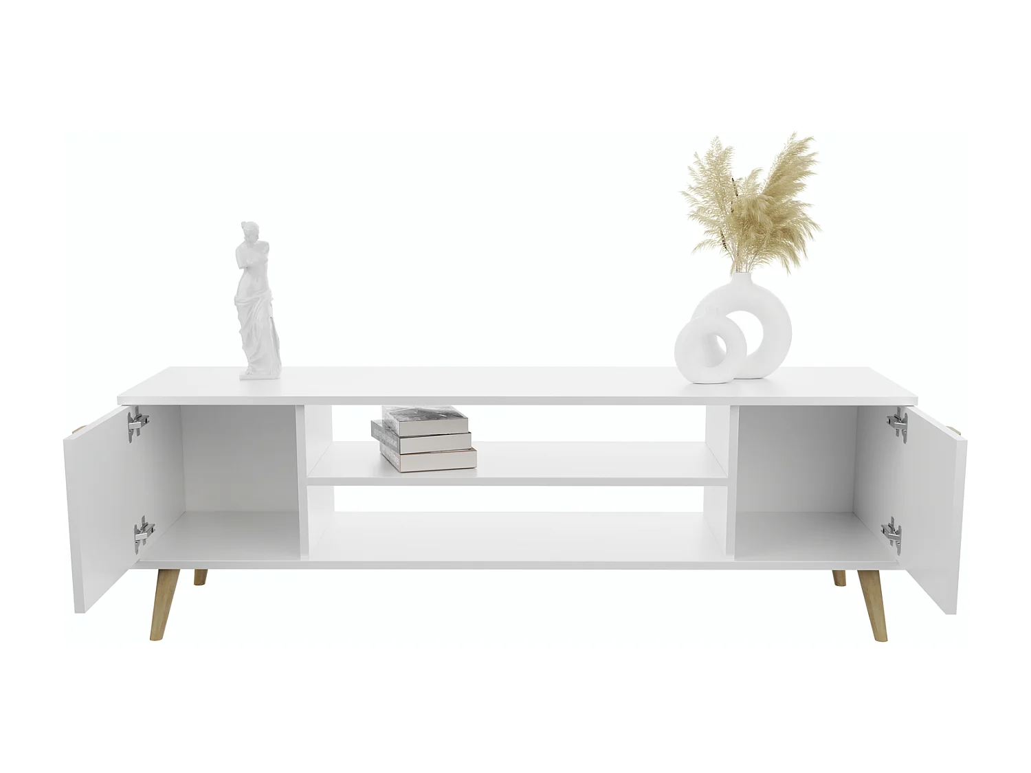 Mueble de TV 155 cm Blanco– Estilo Escandinavo con Estante Central y 2 Puertas, Armarios con Cerradura y Patas de Madera, 155x40x50 Cm