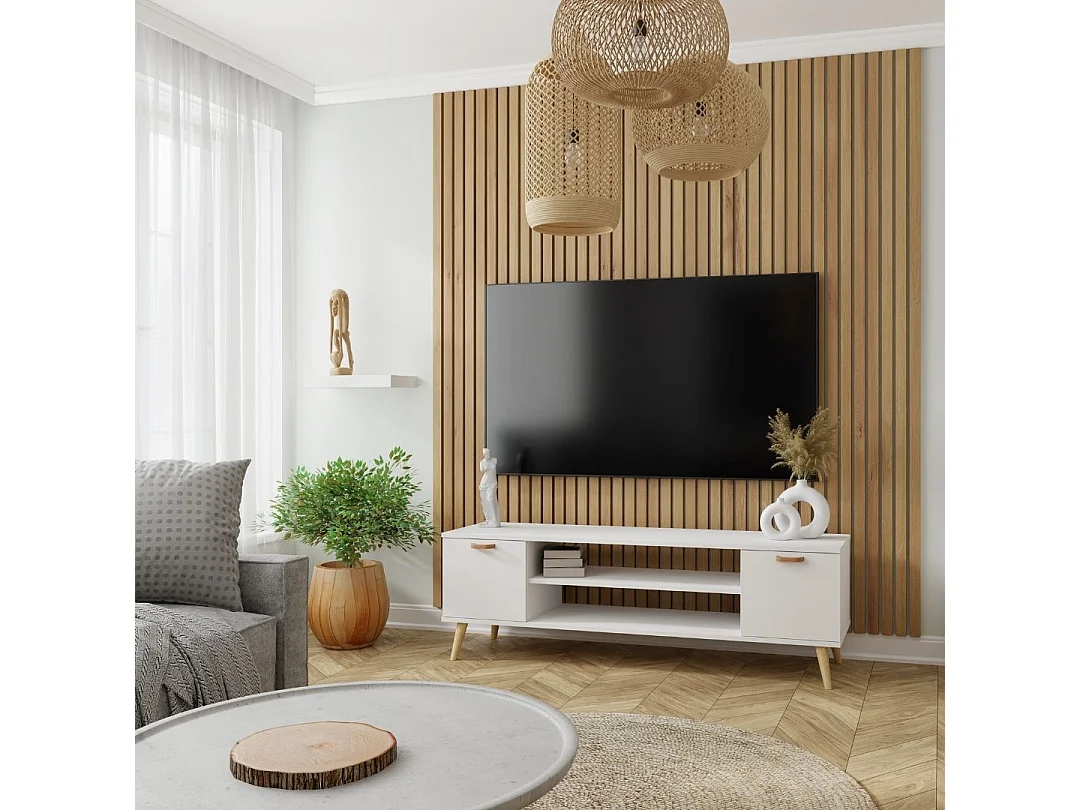 Mueble de TV 135 cm Blanco– Estilo Escandinavo con Estante Central y 2 Puertas, Armarios con Cerradura y Patas de Madera, 135x50x40 cm