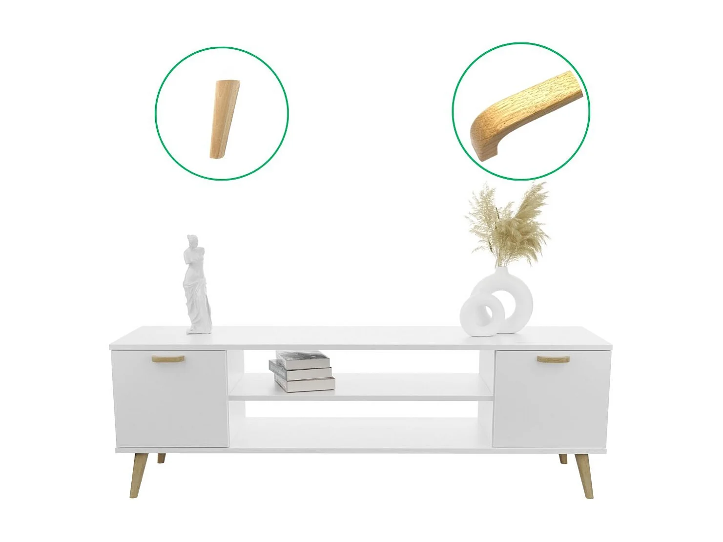 Mueble de TV 135 cm Blanco– Estilo Escandinavo con Estante Central y 2 Puertas, Armarios con Cerradura y Patas de Madera, 135x50x40 cm