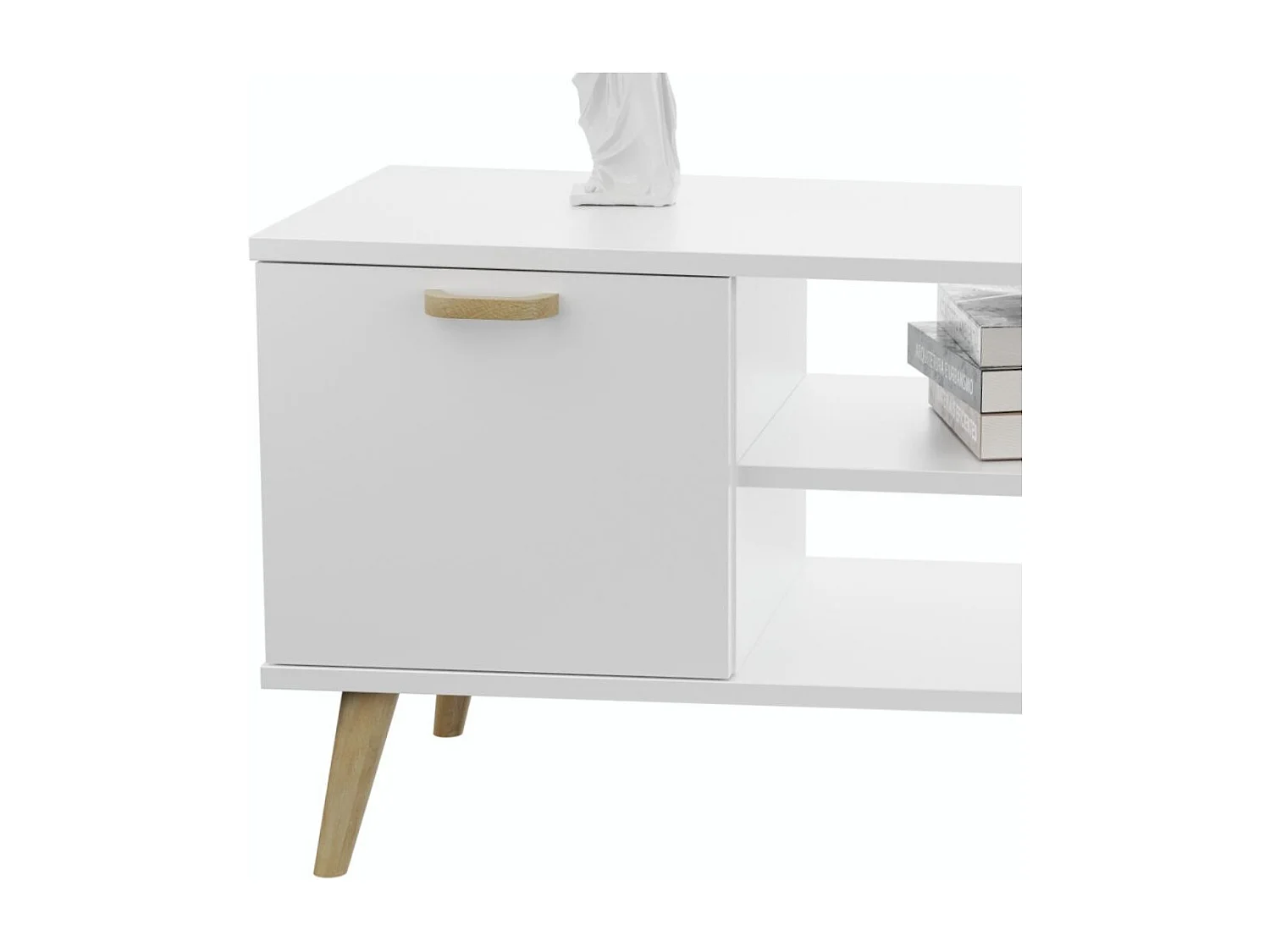 Mueble de TV 135 cm Blanco– Estilo Escandinavo con Estante Central y 2 Puertas, Armarios con Cerradura y Patas de Madera, 135x50x40 cm