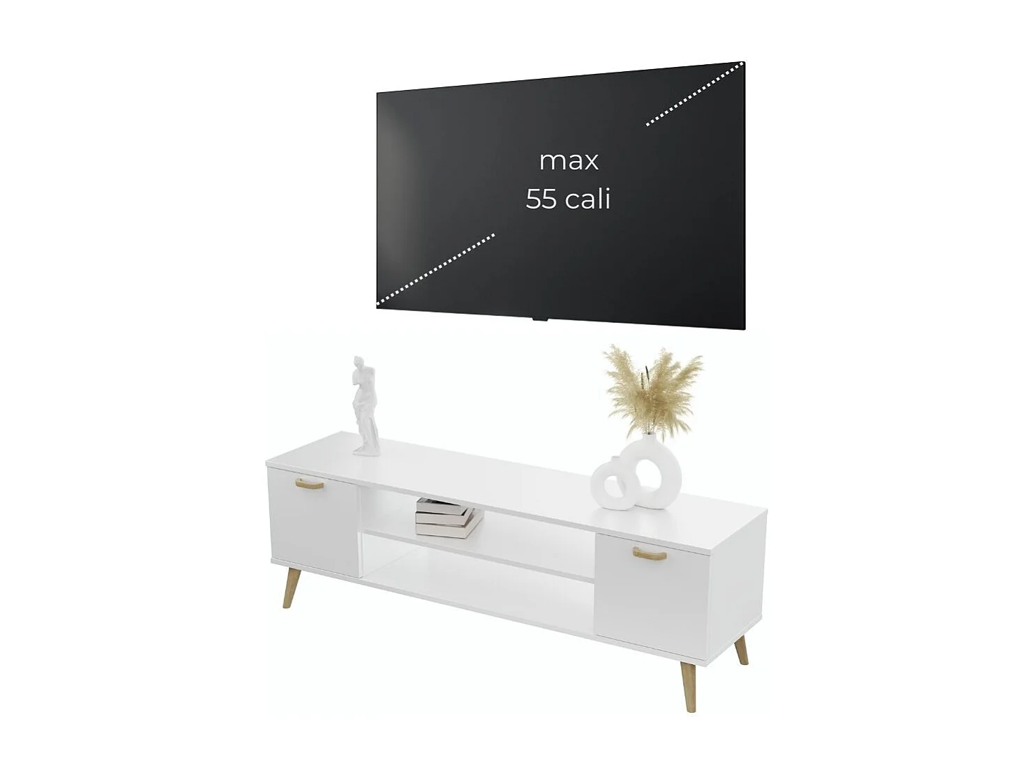 Mueble de TV 135 cm Blanco– Estilo Escandinavo con Estante Central y 2 Puertas, Armarios con Cerradura y Patas de Madera, 135x50x40 cm