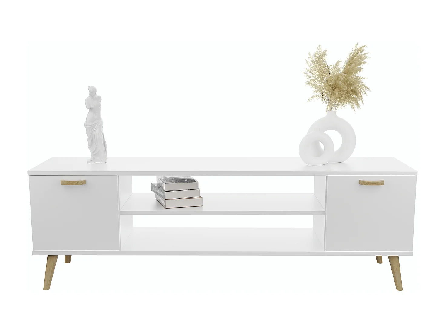 Mueble de TV 135 cm Blanco– Estilo Escandinavo con Estante Central y 2 Puertas, Armarios con Cerradura y Patas de Madera, 135x50x40 cm