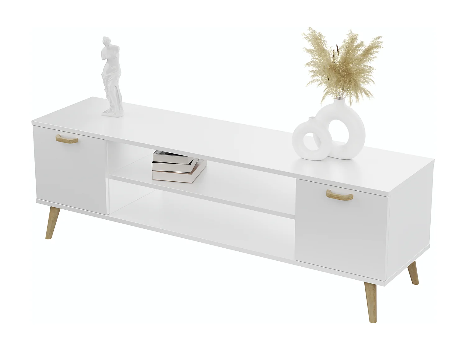 Mueble de TV 135 cm Blanco– Estilo Escandinavo con Estante Central y 2 Puertas, Armarios con Cerradura y Patas de Madera, 135x50x40 cm