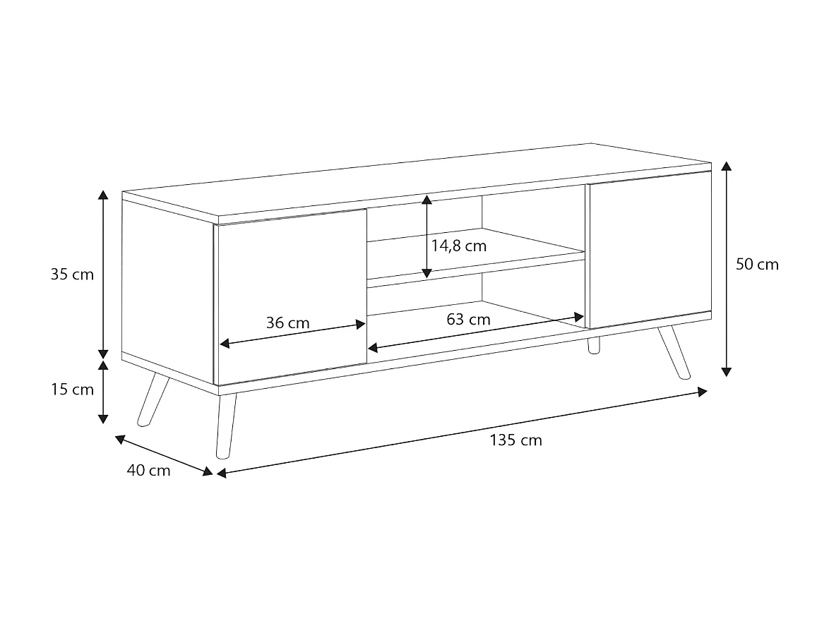 Mueble de TV 135 cm Blanco– Estilo Escandinavo con Estante Central y 2 Puertas, Armarios con Cerradura y Patas de Madera, 135x50x40 cm