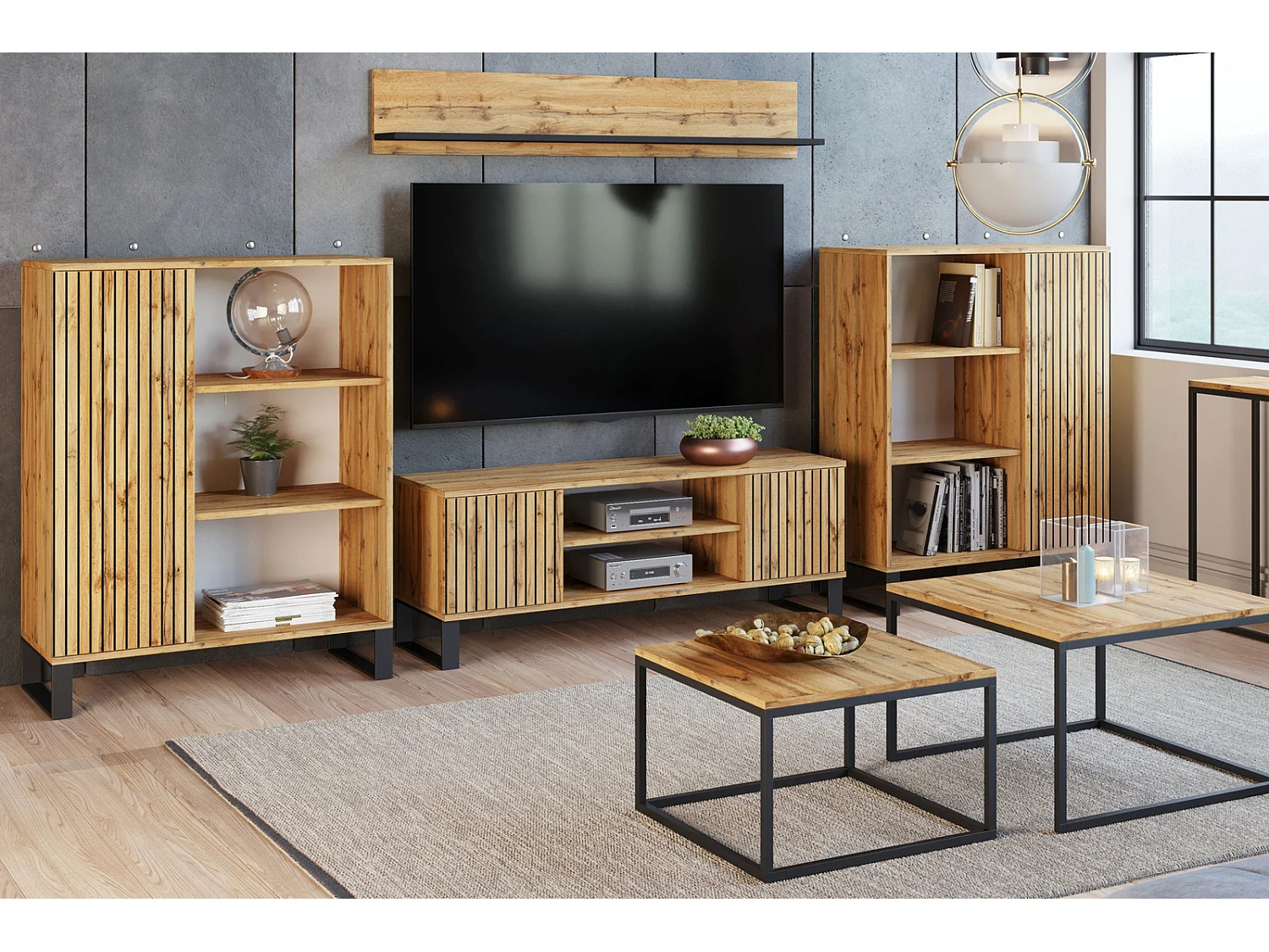 Mueble de TV 155 cm Color Roble artesanal Con Laminas– Estilo Escandinavo con Estante Central, Armarios con Cerradura y Patas Metálicas, 155x40x50 Cm