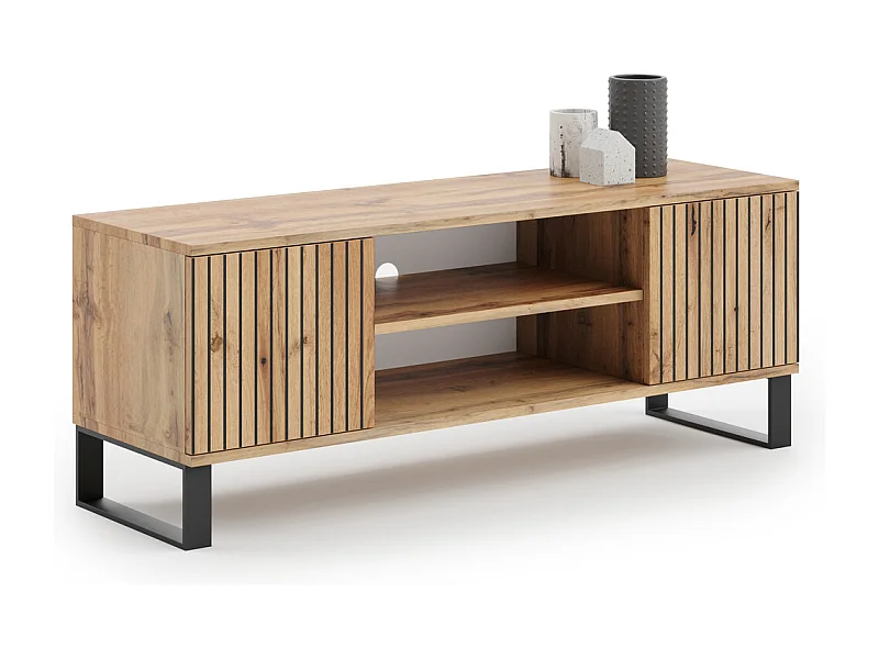 Mueble de TV 155 cm Color Roble artesanal Con Laminas– Estilo Escandinavo con Estante Central, Armarios con Cerradura y Patas Metálicas, 155x40x50 Cm