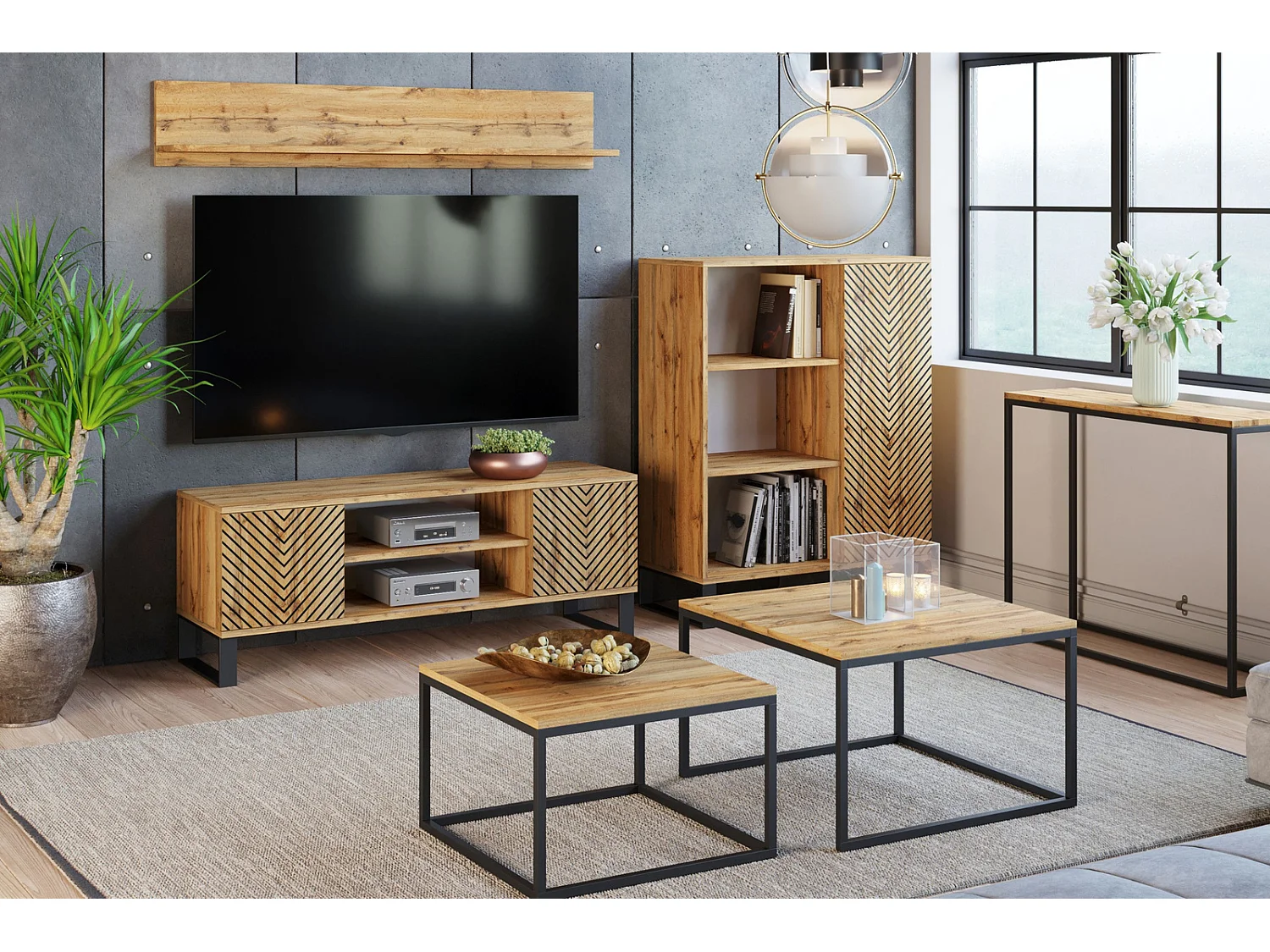 Mueble de TV 135 cm Color Roble artesanal Geometrico– Estilo Escandinavo con Estante Central, Armarios con Cerradura y Patas Metálicas, 135x40x49 Cm