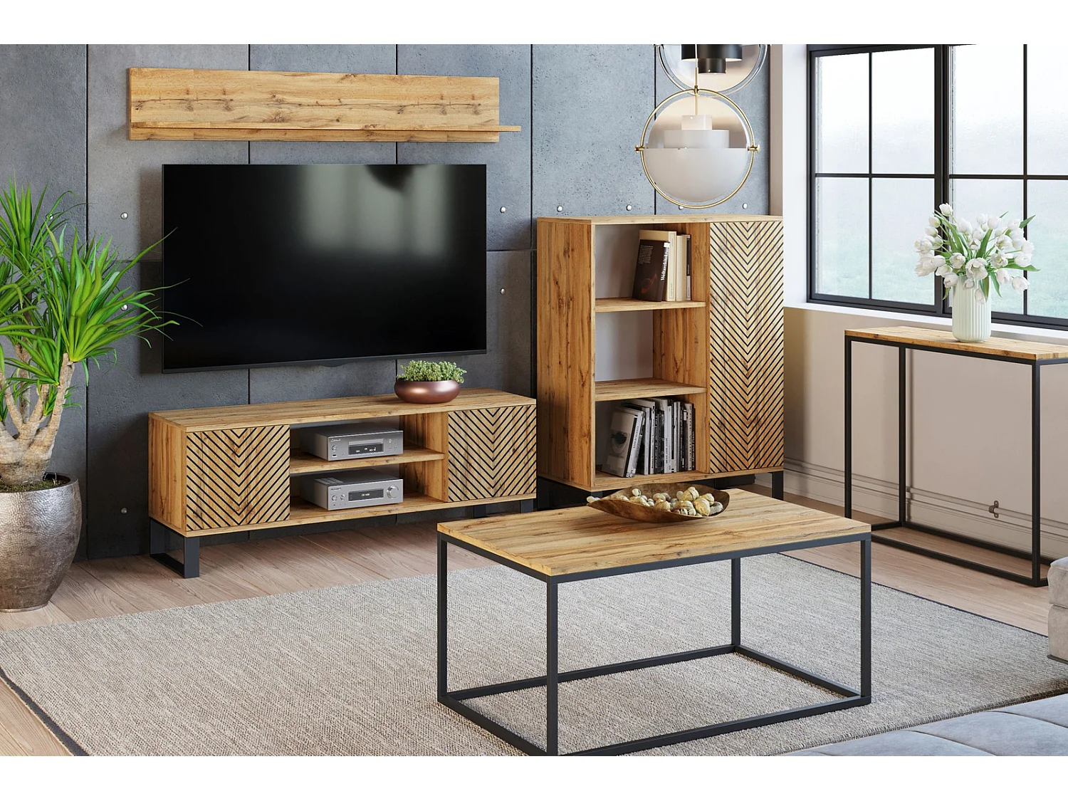 Mueble de TV 135 cm Color Roble artesanal Geometrico– Estilo Escandinavo con Estante Central, Armarios con Cerradura y Patas Metálicas, 135x40x49 Cm